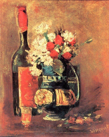 Vase avec oeillets blancs, roses et bouteille