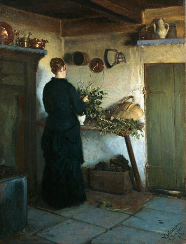 Interior da cozinha de Viggo Johansen - A esposa do artista arranjando flores - 1884