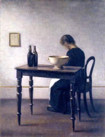 Vilhelm Hammersh, interior com mulher sentada à mesa, 1910