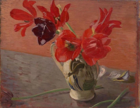 Tulipas vermelhas de William Nicholson em uma jarra de porcelana, 1925