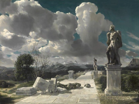 paisaje con estatua derrocada