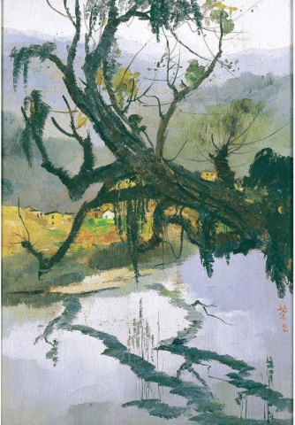 Árvore antiga de Wu Guanzhong à beira do rio, 1977