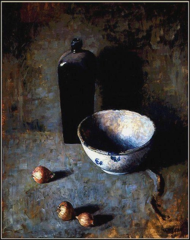 Wyeth, natureza morta com tigela de cebola e vaso azul da década de 1920