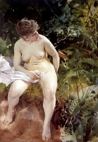 Eine nackte Frau, die an einem Flussufer sitzt