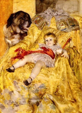 卢顿胡 (Luton Hoo) 的克里斯蒂安·德法尔贝 (Christian De Falbe) 与圣伯纳德 (Saint Bernard) 肖像，1884 年