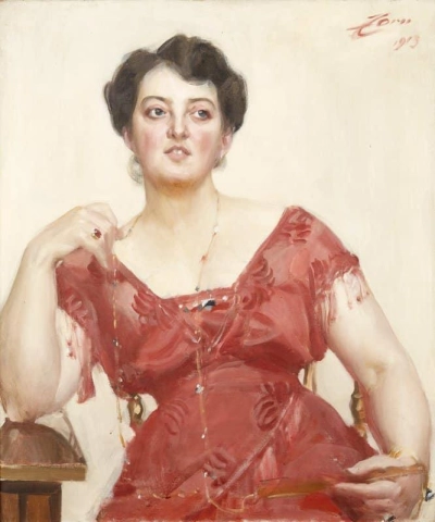 Elegant Lady In Shiny Cream Red Silk Dress - Mrs. Dagny Pineus