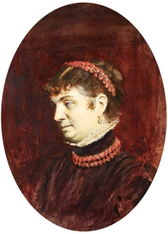 Porratt Av Fru Veronica Heiss Med Harsmycke Och Halsband Av Koraller - Brostbild 1883