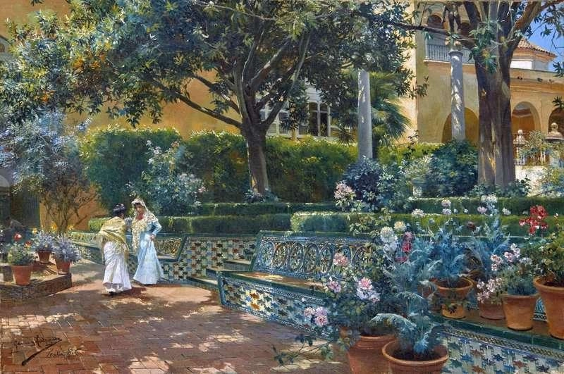 おそらくセビリアのアルカサルの庭園を散歩する女性たち 1906 年 by マヌエル・ガルシア・イ・ロドリゲス 油絵複製販売
