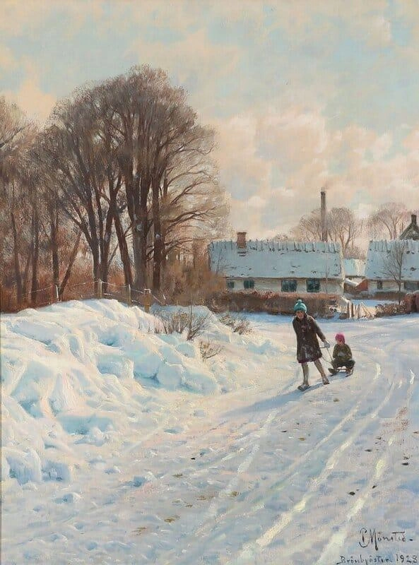 雪に覆われた道路でそりに乗る子供たち 1928 by モンステッド 油絵複製販売