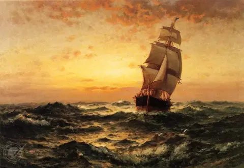 Barco en el mar, puesta de sol