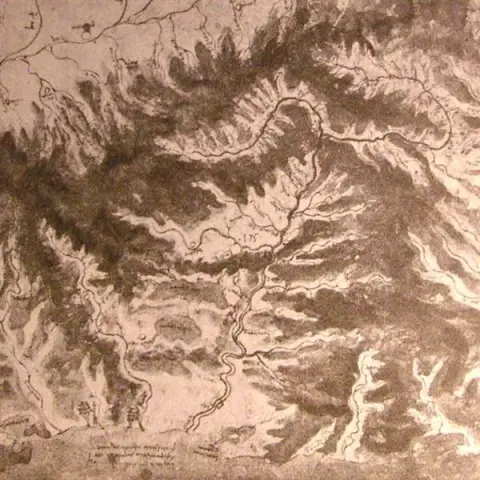 Desenho topográfico de um vale fluvial