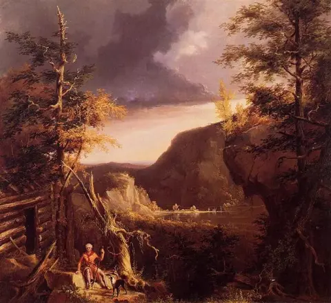 Daniel Boone sentado en la puerta de su cabaña en el Gran Lago Osage