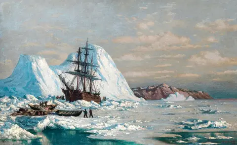 Arctic Whaler Navigating Through Ice