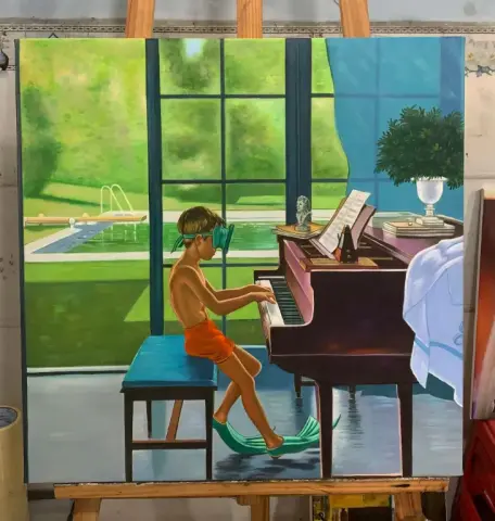 Oil painting george hughes poolside piano practice 1960