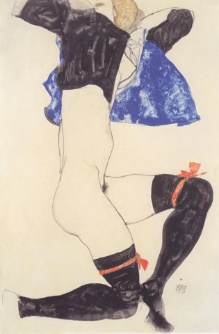 Halfnaakt in zwarte panty en blauw jasje - 1913