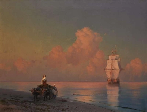 Een door ossen getrokken kar aan de kust en een zwemmer in het ondiepe water, 1868