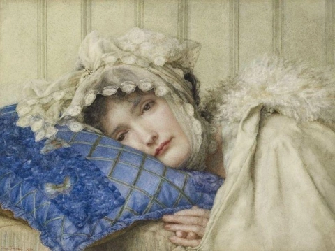 Ragazza con la cuffia con la testa su un cuscino blu, 1902