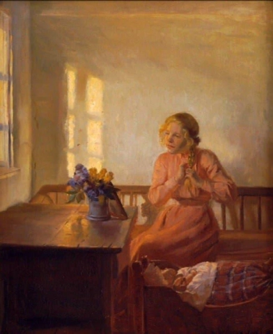 Ein junges Mädchen, das ihr Haar flechtet, 1901