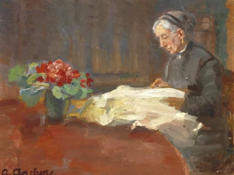 安娜·安彻 (Anna Ancher) 的妹妹玛丽·布·恩杜姆 (Anna Ancher Sister Marie Br Ndum) 坐在桌边做针线活