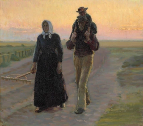 Trabajadores de la cosecha en su camino a casa al atardecer