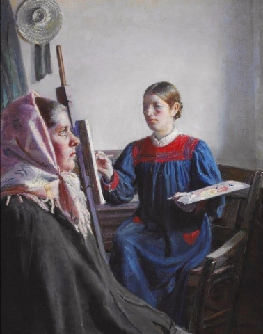 Interieur met Anna Ancher die een meisje uit Skagen schildert met een roze hoofddoek