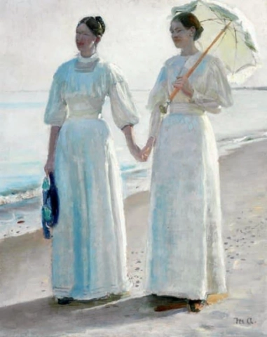 Minne und Sophie Holst in leichten Sommerkleidern am Strand von Skagen, 1896