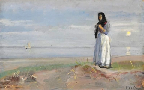 Summer Evening On Skagen Strand. A Woman Knits On The Beach