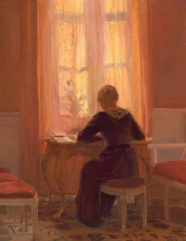 Den røde stuen på Amalievej Frederiksberg. Kunstnerens datter Helga leser ved vinduet 1900