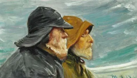 Dos pescadores de Skagen en un frío día de invierno hacia 1915