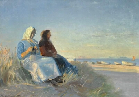 两名妇女在 Skagen S Nderstrand 的沙丘上做针线活，1908 年
