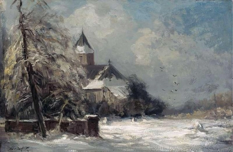 Eine Kirche in einer schneebedeckten Landschaft