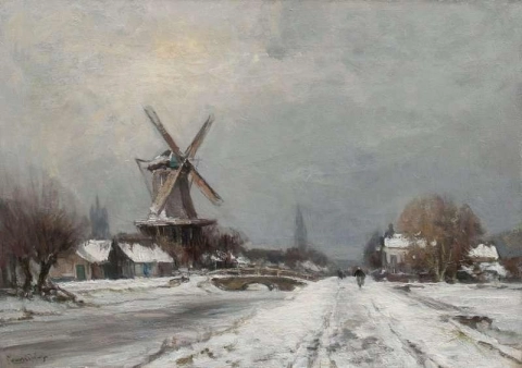 Winterlandschap Met Stellingmolen Bij Delft