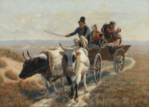 Hedelandskap med en familie i en oksevogn 1863