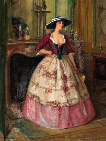 Portrait Of A Young Woman In An Evening Dress Standing Next To A Fireplace