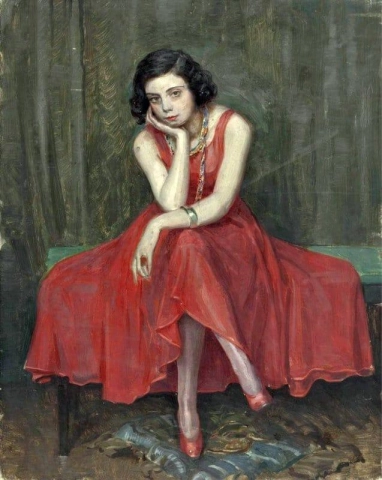 Sitting Woman In A Red Dress