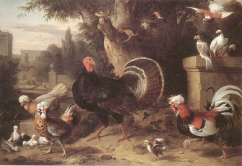 Bogdani Jacob Gallos, gallinas, pavos y otras aves en un jardín de estilo italiano