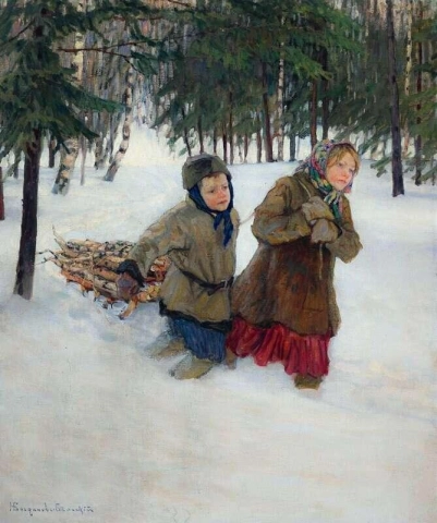 Children Carrying Wood In The Snow Winter