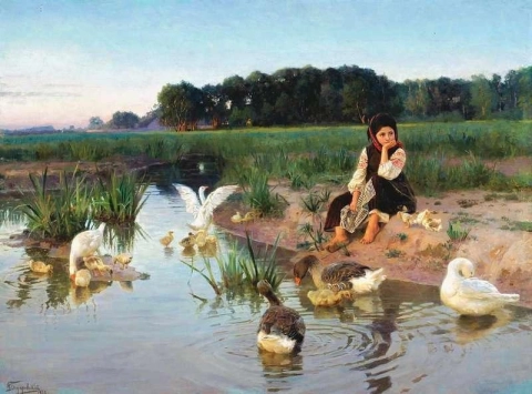 Ukrainian Girl Tending Geese