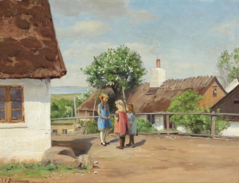 Three Little Girls In Conversation In A Village 1926