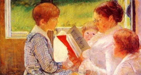 Rouva Cassatt lukemassa lastenlapsiaan 1880