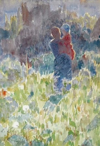 Mother And Child In A Sunlit Garden