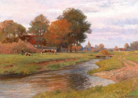 River Landscape With Small Herd Of Cows And A Village In The Background