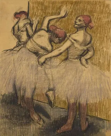 Três dançarinos perto de um rack, por volta de 1900