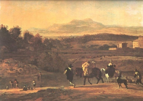 Paisaje de Dujardin Carel con campesinos trabajando en la orilla de un río