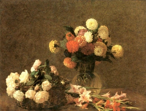 Fantin-latour Henri Dahlias Roses Glaieuls