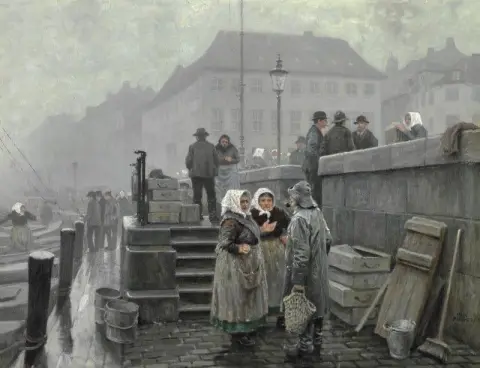Pescadores y esposas de pescadores en Gammel Strand en Copenhague