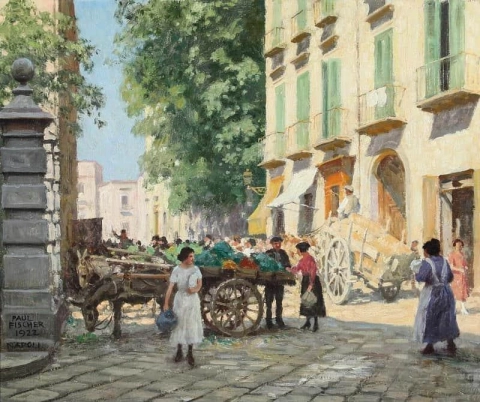 Compradores en un mercado de Nápoles 1922