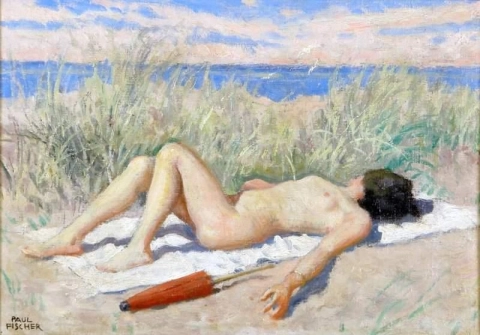 Sonnenbadende Frau mit Sonnenschirm