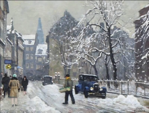 Winters tafereel van Niels Hemmingsens Gade in Kopenhagen, kijkend naar Christiansborg-paleis