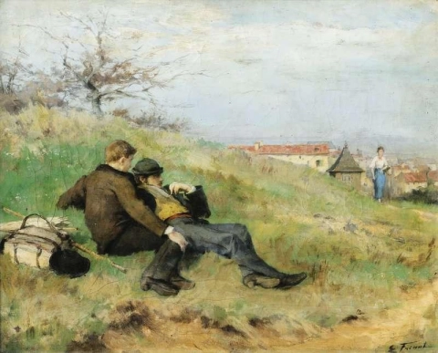 Kunstenaars Mathias Schif en Camille Martin zitten op het platteland, 1880